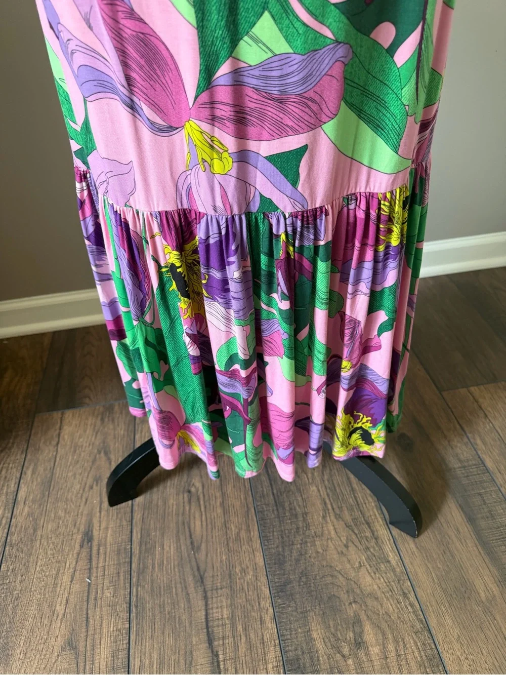 Express Pink Floral Spaghettie Strap Maxi Dress with Purple & Green Print XSmall